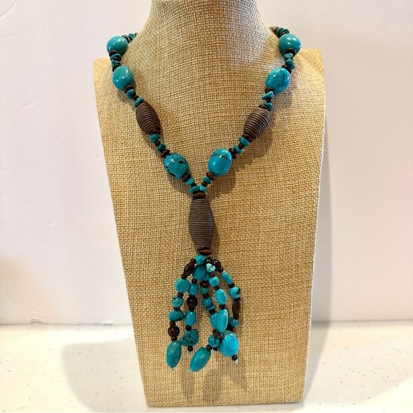 Coldwater Creek Boho Statement Necklace Faux Turquoise-dyed howlite stone lariat - Picture 2 of 13